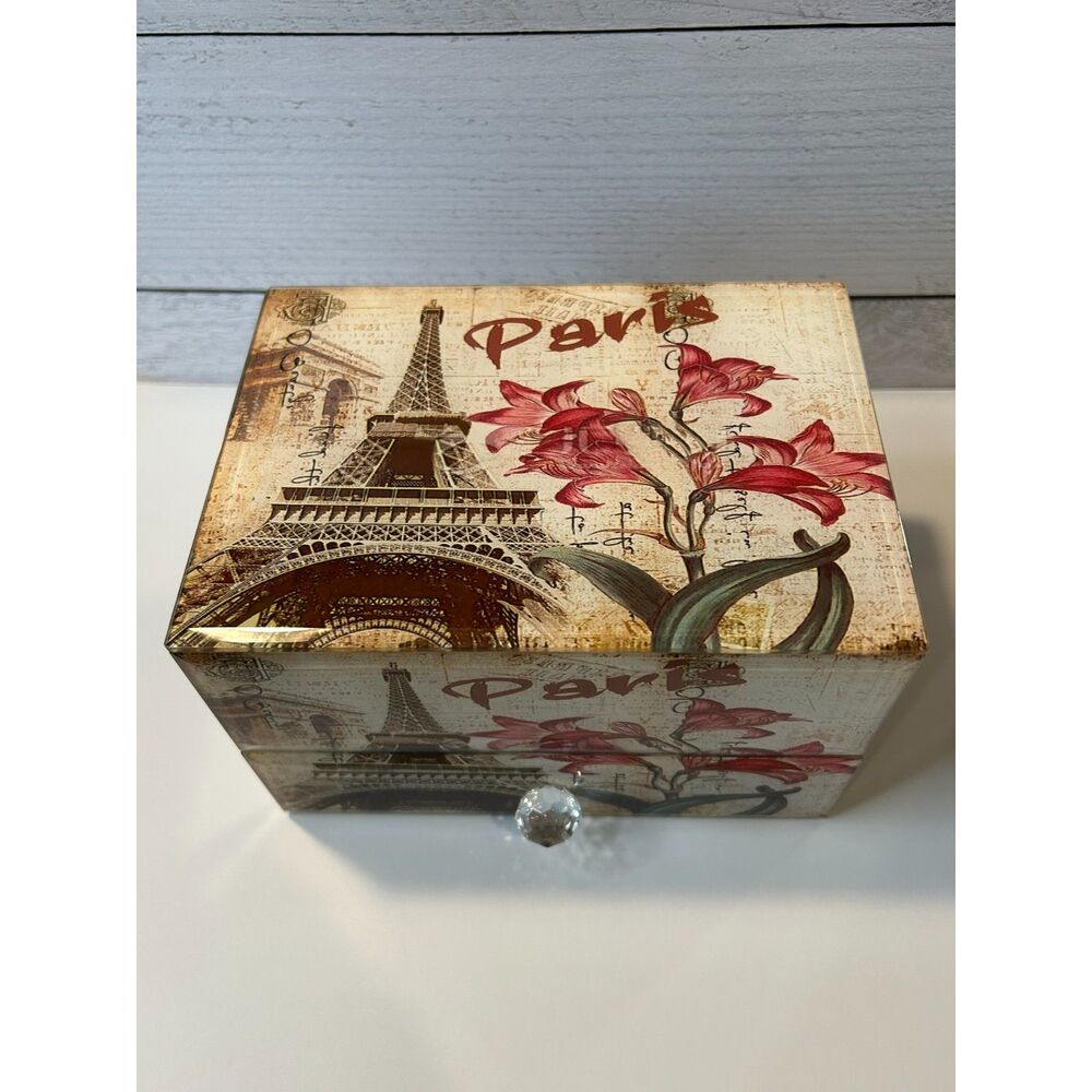 Paris Eiffel Tower Glass Jewelry Box Trinket Chest Ring Holder Drawer 6.75in